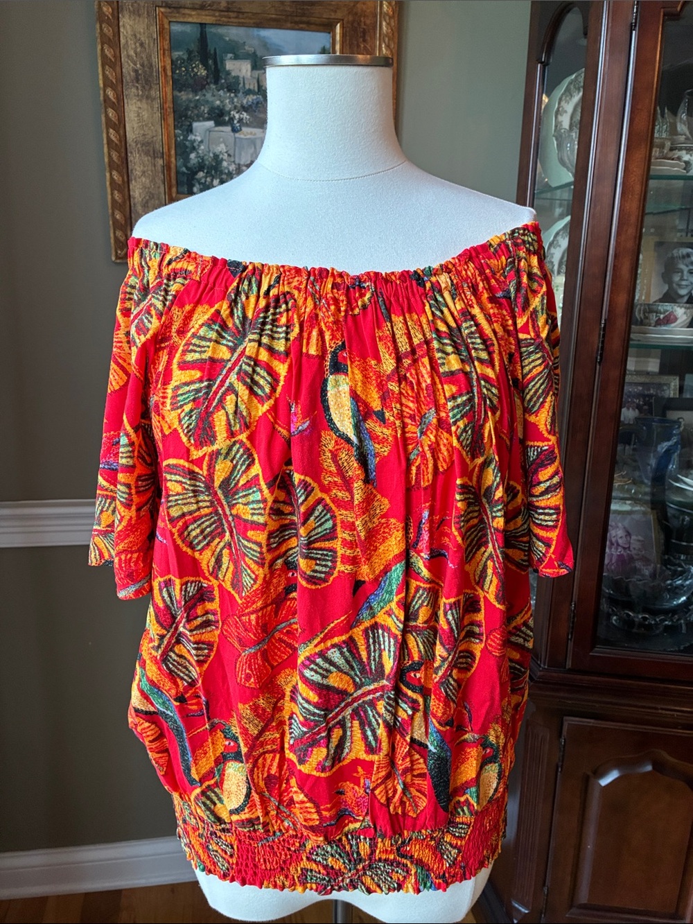 Christian Siriano Off-Shoulder Red Tropical Print Blouse Size XL